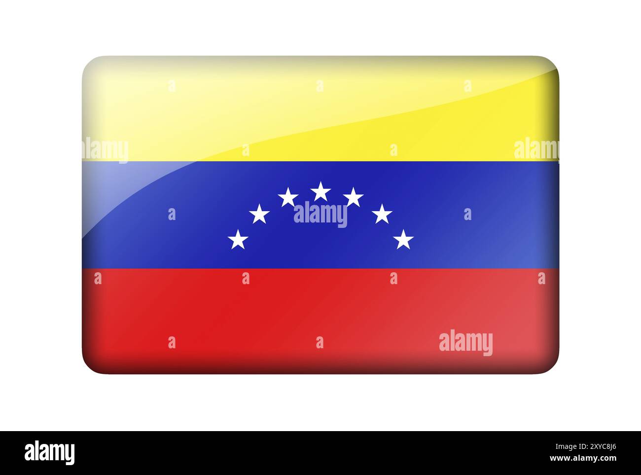 Die venezolanische Flagge. Rechteckiges Hochglanzsymbol. Isoliert auf weißem Hintergrund Stockfoto