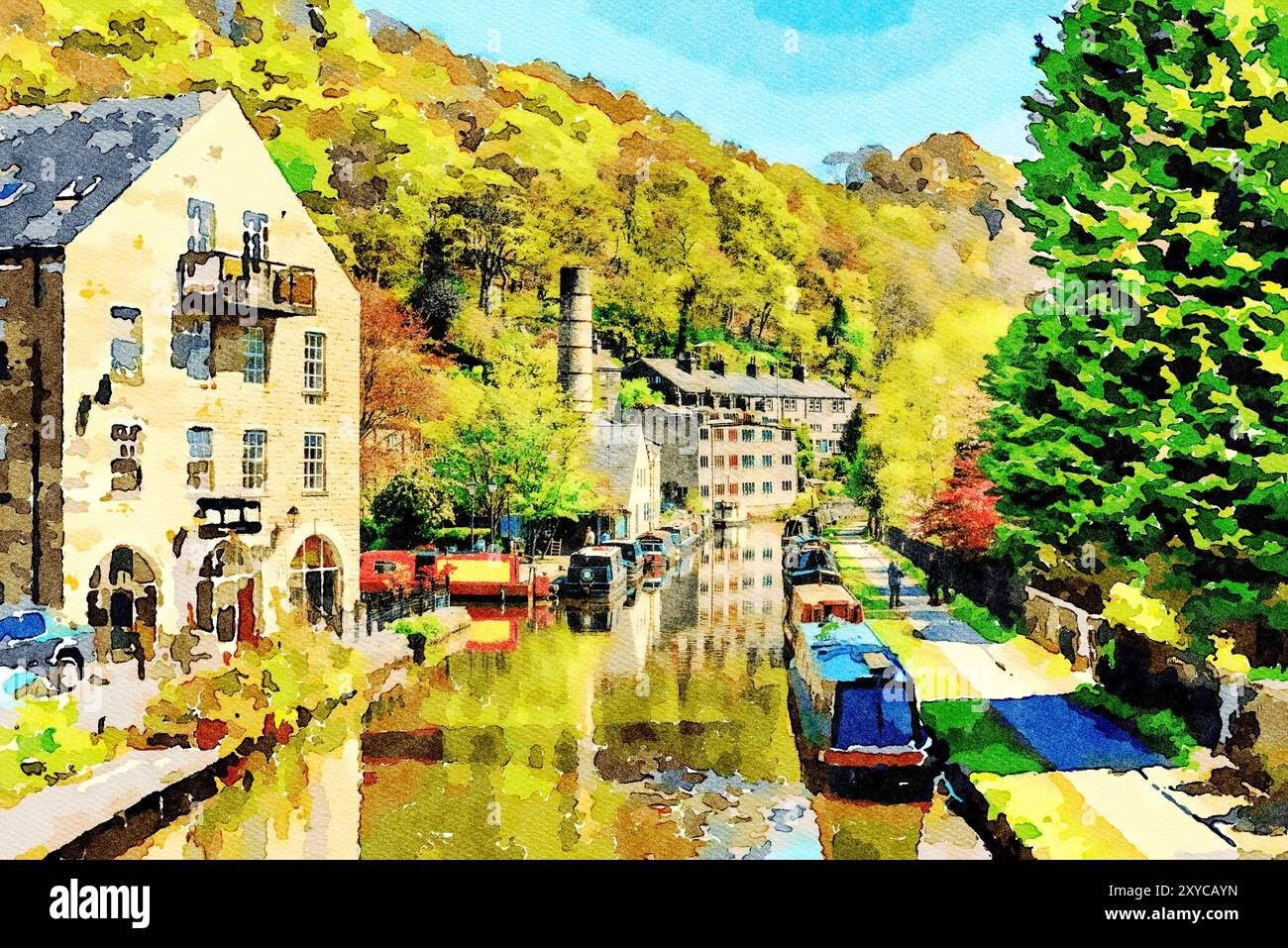 Hebden Bridge, West Yorkshire, Großbritannien – Schmalboote, die am Ufer des Rochdale Canal in der Hebden Bridge im Frühjahr vor Anker gehen. Aquarellverfahren Stockfoto