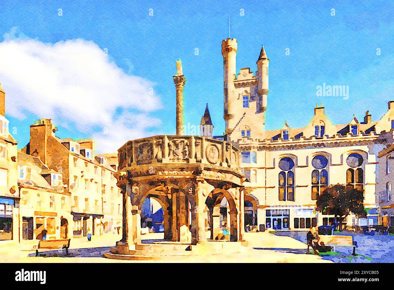 Aberdeen, Schottland - das Market Cross oder Mercat Cross in der Castle Street. Dahinter befinden sich einige der Granitgebäude, für die die Stadt berühmt ist. Wasser Stockfoto
