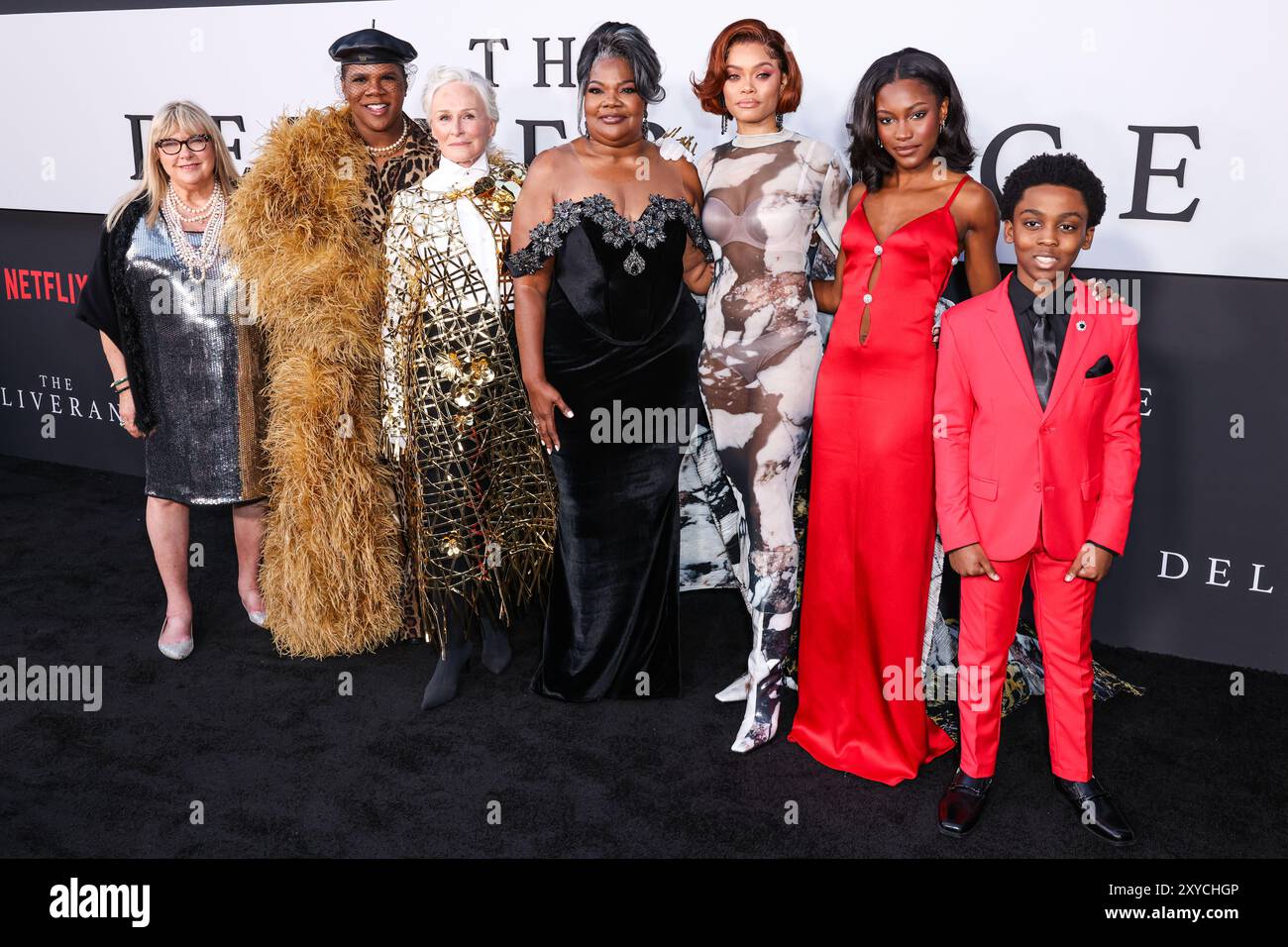 HOLLYWOOD, LOS ANGELES, KALIFORNIEN, USA - 28. AUGUST: Colleen Camp, Miss Lawrence, Glenn Close, Mo'Nique, Andra Day, Demi Singleton und Anthony B. Jenkins kommen am 28. August 2024 bei der Premiere von Netflix's „The Deliverance“ im Netflix Tudum Theater in Hollywood, Los Angeles, Kalifornien, USA. (Foto: Xavier Collin/Image Press Agency) Stockfoto