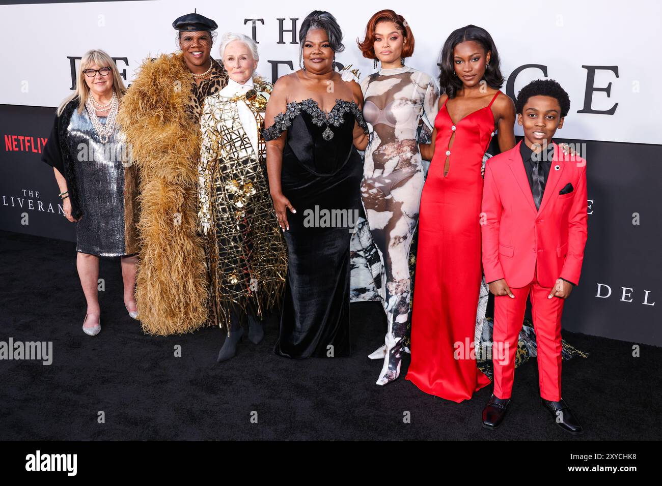 HOLLYWOOD, LOS ANGELES, KALIFORNIEN, USA - 28. AUGUST: Colleen Camp, Miss Lawrence, Glenn Close, Mo'Nique, Andra Day, Demi Singleton und Anthony B. Jenkins kommen am 28. August 2024 bei der Premiere von Netflix's „The Deliverance“ im Netflix Tudum Theater in Hollywood, Los Angeles, Kalifornien, USA. (Foto: Xavier Collin/Image Press Agency) Stockfoto