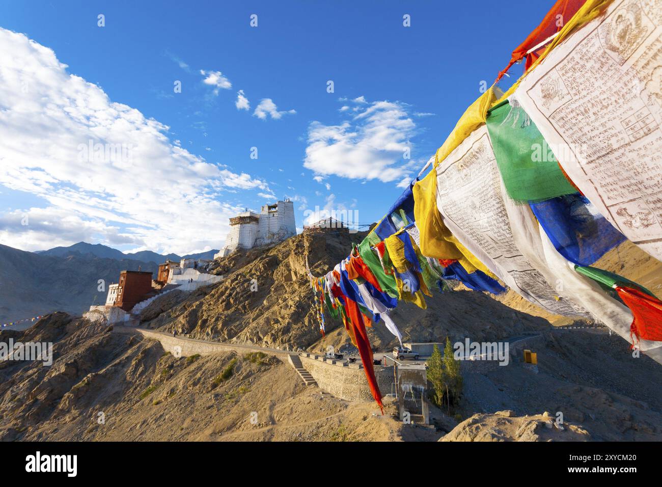 Temo Fort und Namgyal Temo Gompa auf einem Berg tibetischer Gebetsfahnen oberhalb von Leh in Ladakh, Indien, Asien Stockfoto