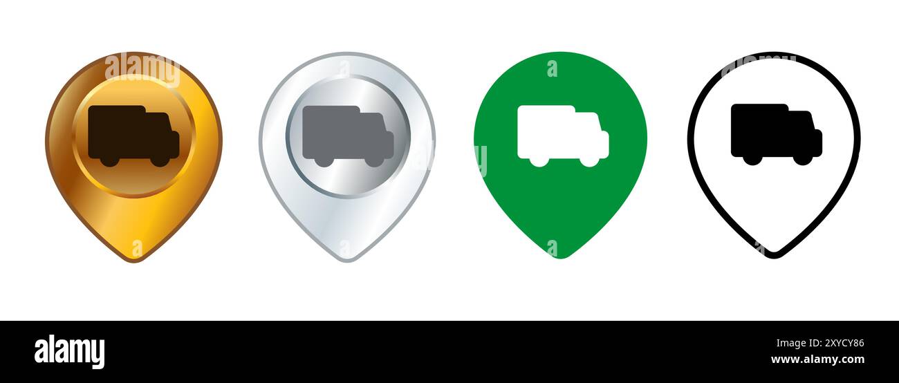 LKW-Versand Pointer Positionsnavigation Zielort Ort Symbol Kartendesign Symbole Set Sammlung Stock Vektor