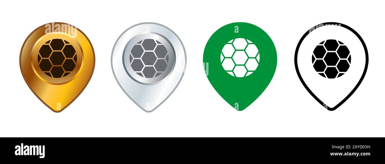 Fußballfeld Ort Markierung Position Stadion Position Karte Koordinate Route Zielpunkt Navigation Design Symbol Set Sammlung Stock Vektor