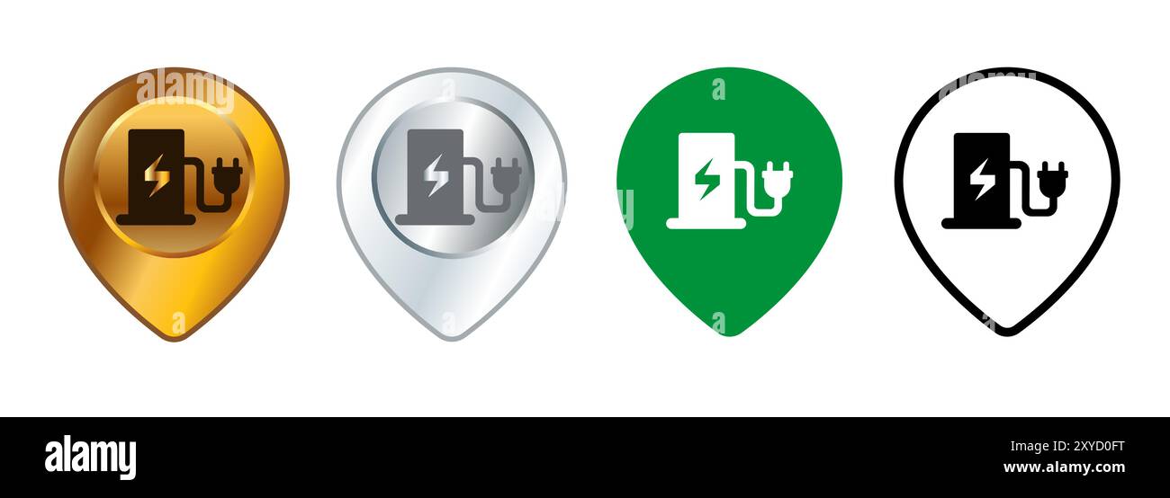 EV-Ladestation Platzierung Adresszeiger Positionspunkt elektrisches Ladungsschild Design Set Sammlung Stock Vektor