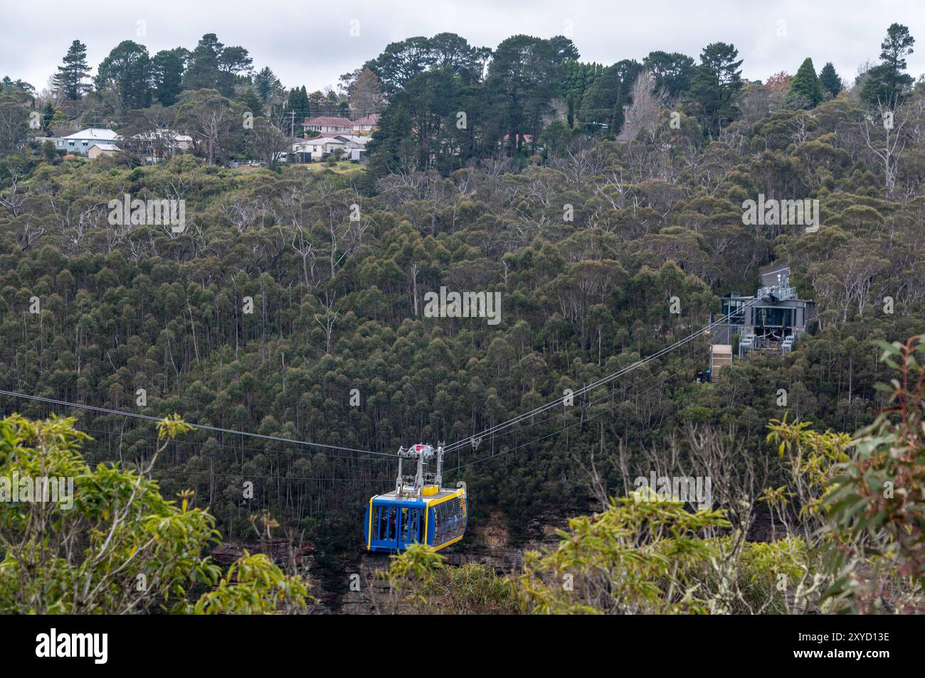Zwischen den Klippen über dem Jamison Valley auf 270 Metern gleitet die höchste Seilbahn Australiens, ein Scenic Skyway mit Glasboden (Cable Car) Stockfoto