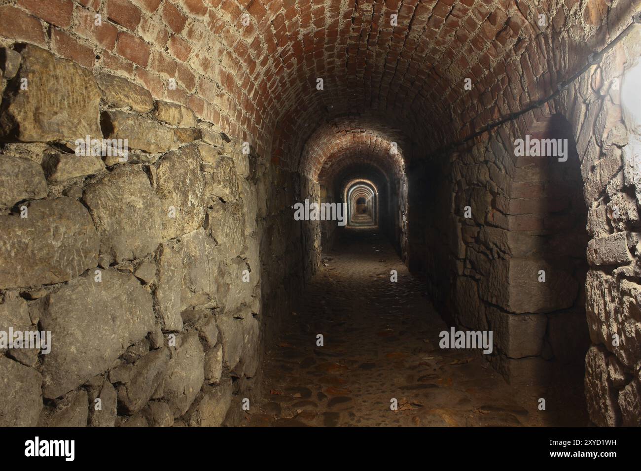 Langer und dunkler Tunnel unter der Festung Klodzko in Polen Stockfoto Langer und dunkler Tunnel unter der Festung Klodzko in Polen Stockfoto
