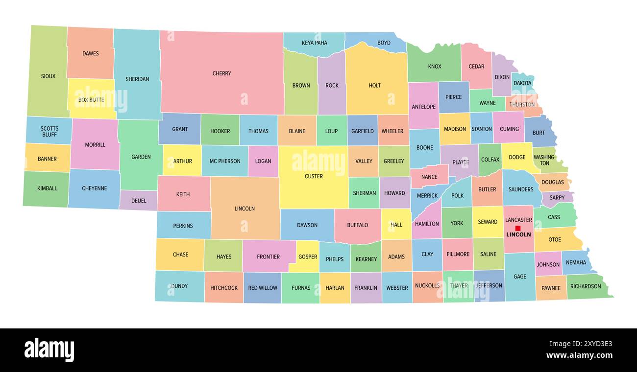 Nebraska, US-Bundesstaat, unterteilt in 93 Countys, mehrfarbige politische Karte mit Hauptstadt Lincoln, Grenzen und County-Namen. Bundesstaat im Mittleren Westen der USA. Stockfoto