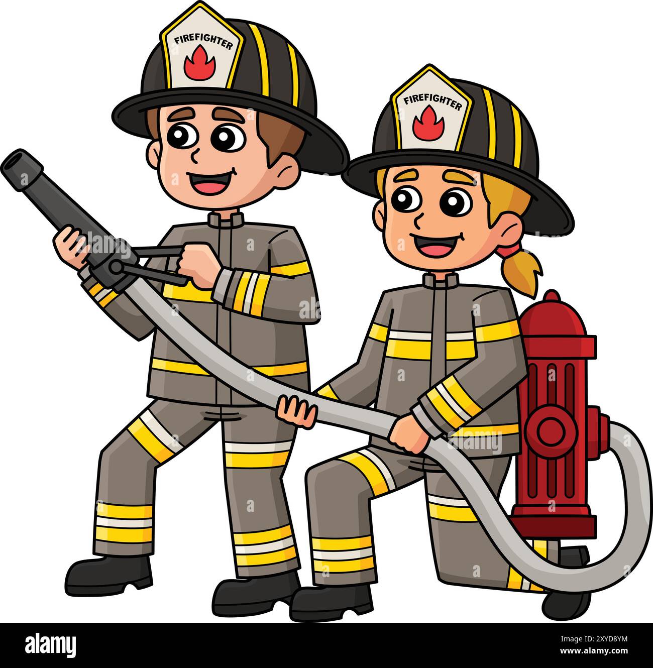 Feuerwehrleute mit einem Hydranten Cartoon Clipart Stock Vektor