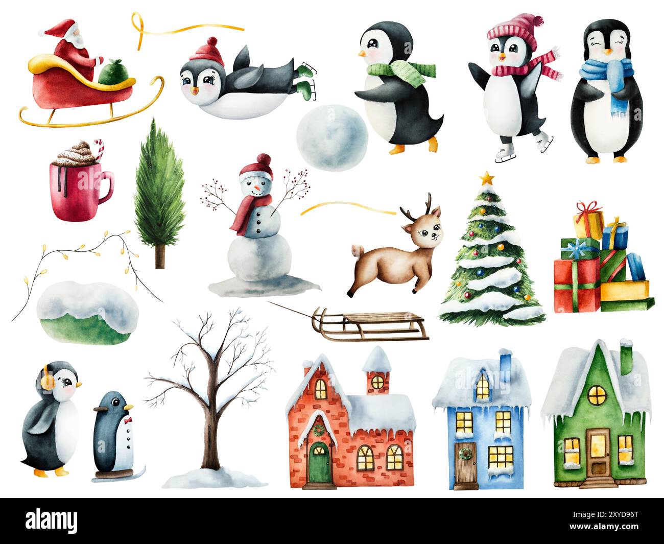 Winter-Set mit schneebedeckten Häusern, Pinguinen auf Schlittschuhen, Geschenken, Schneemannsbäumen, Weihnachtsmann im Schlitten, Hirsch,. Handgemalte Aquarelle Stockfoto
