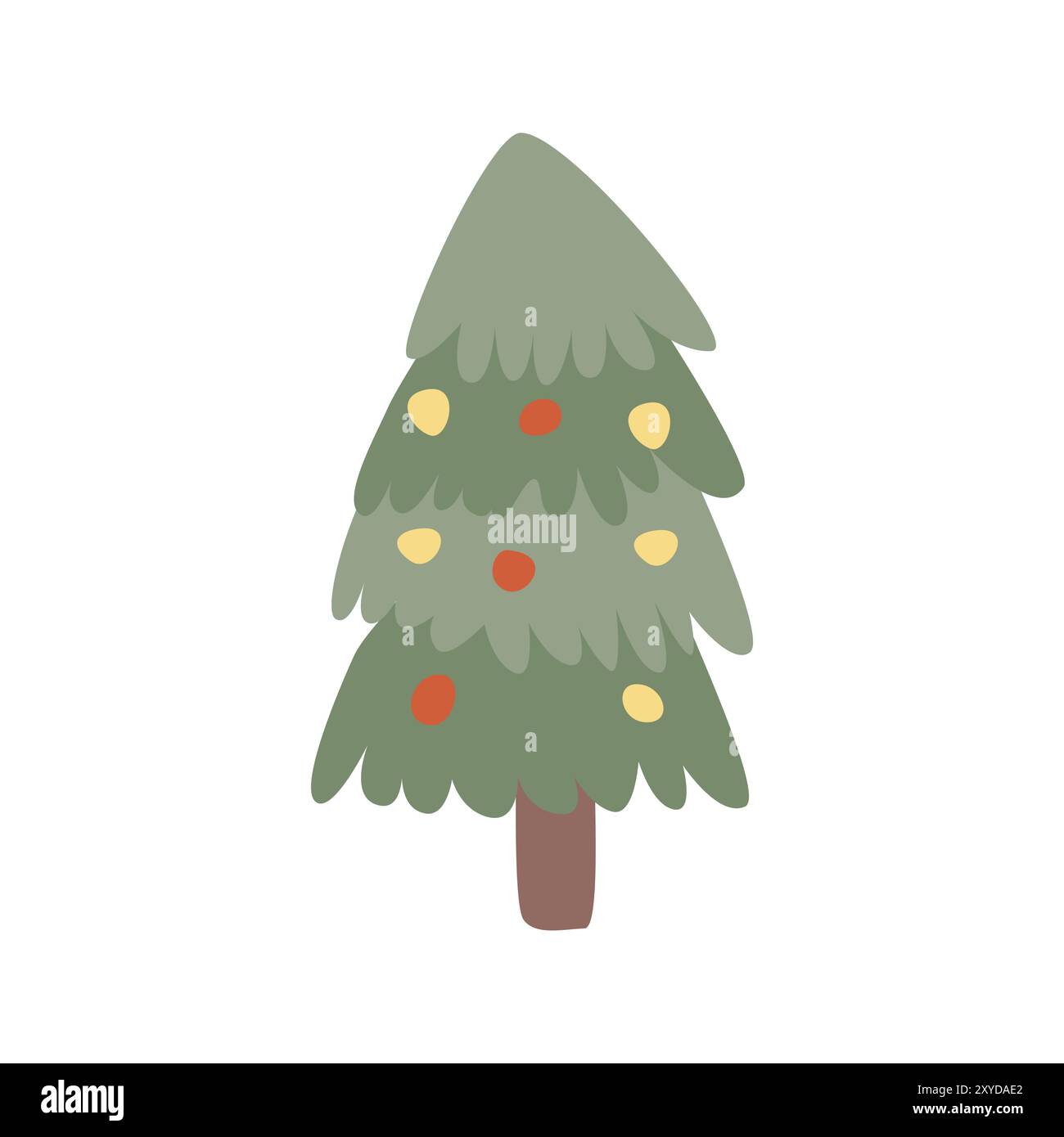 Isoliertes Symbol für Weihnachtstanne. Hand gezeichnete weihnachtsbaum-Vektor-Illustration der Kinder. Süße Kiefer mit festlichen Elementen, Girlanden, Kugeln. Flaches Design. Stock Vektor