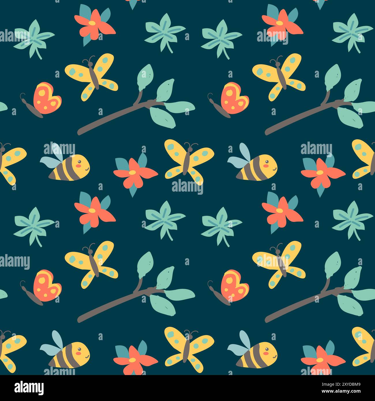 Kindermotiv mit Babytieren. Niedliche Safari afrikanische Tiere mit Pflanzendruck. Kindliches nahtloses Muster für Kinderzimmer und Textil für Kinder Stock Vektor