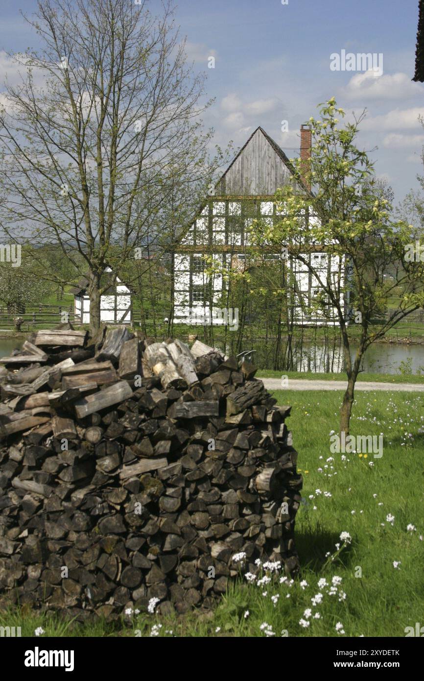 Dorfidyllik mit Holzflosse Stockfoto