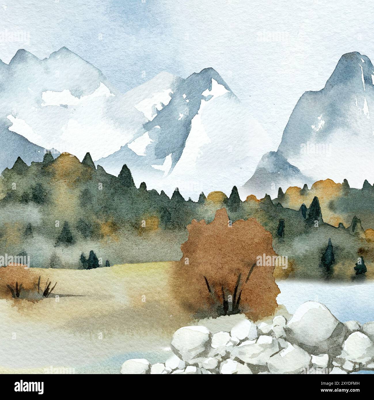 Aquarellskizze in Bergen und Wäldern. Abstrakte Landschaft handgezeichnet. Bäume, Tannen und Hügel isoliert auf weißem Hintergrund. Element für die Gestaltung der Säule Stockfoto