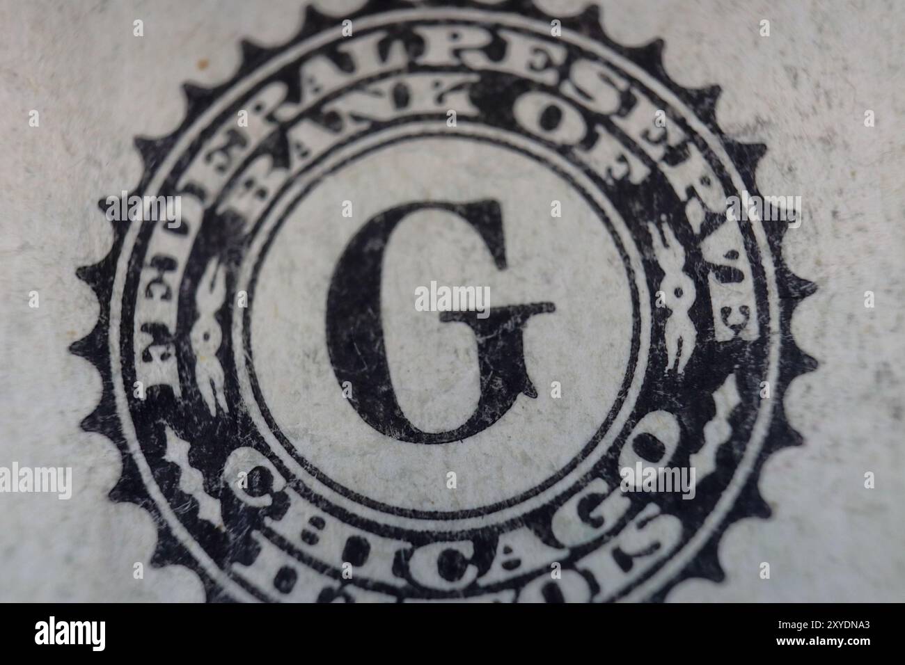 Federal Reserve Bank of Chicago, Illinois. Symbol. Siegel auf einer Dollar-Banknote. Buchstabe G. Stockfoto