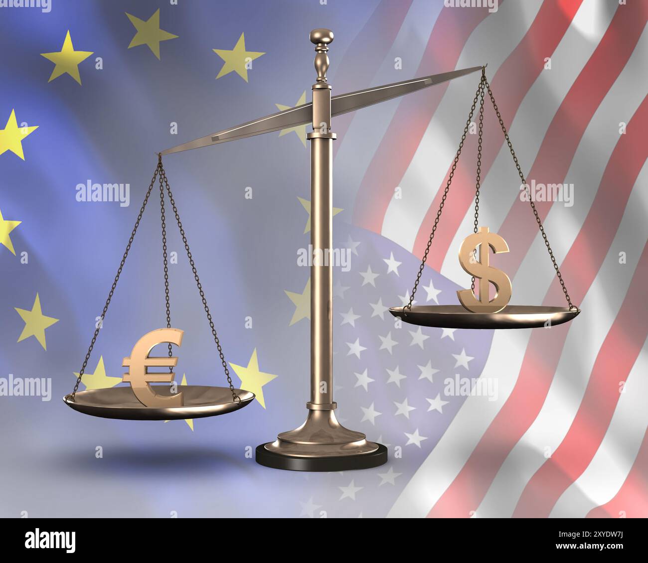 Bronzefarbene Skalen mit US-Dollar- und Euro-Symbolen konzeptionelle fotorealistische 3D-Illustration Stockfoto