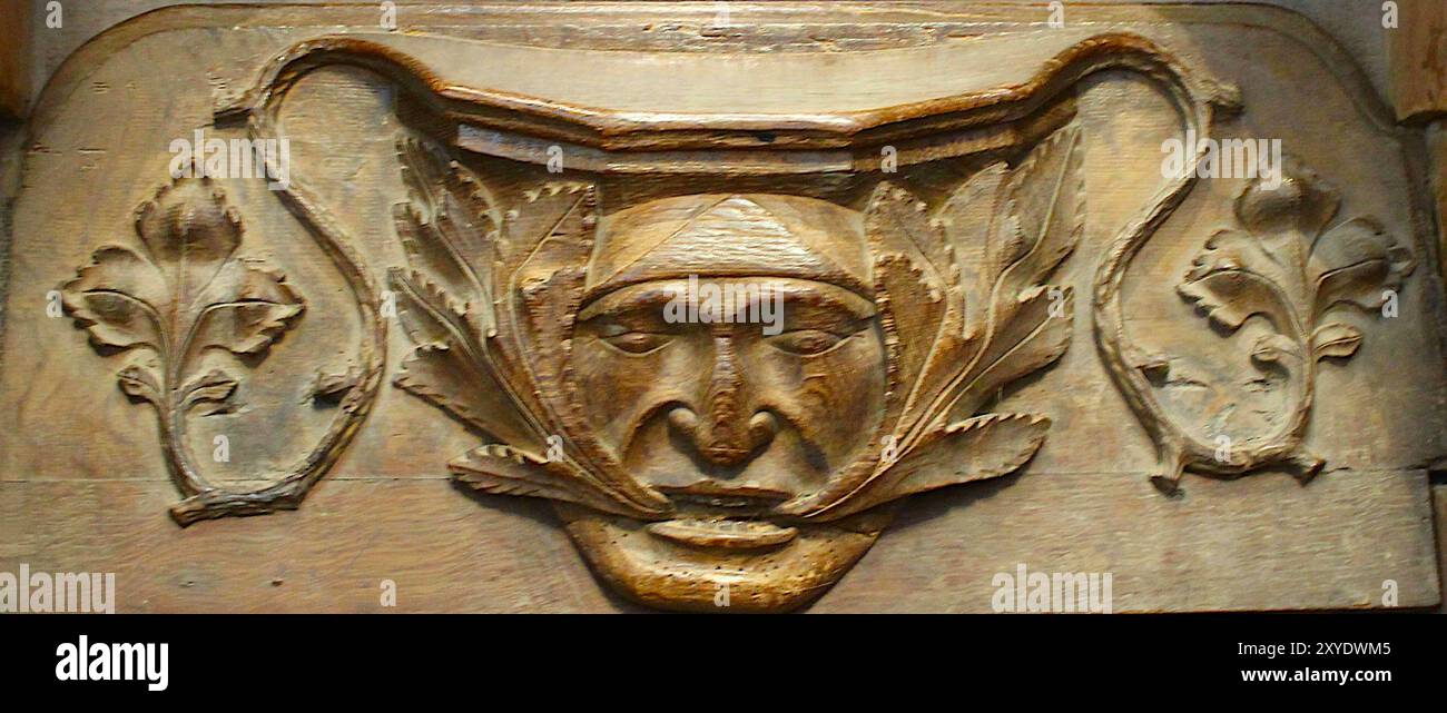 St Davids Cathedral, Pembrokeshire National Park, Wales, Cymru, Vereinigtes Königreich, UK - The Green man Stockfoto