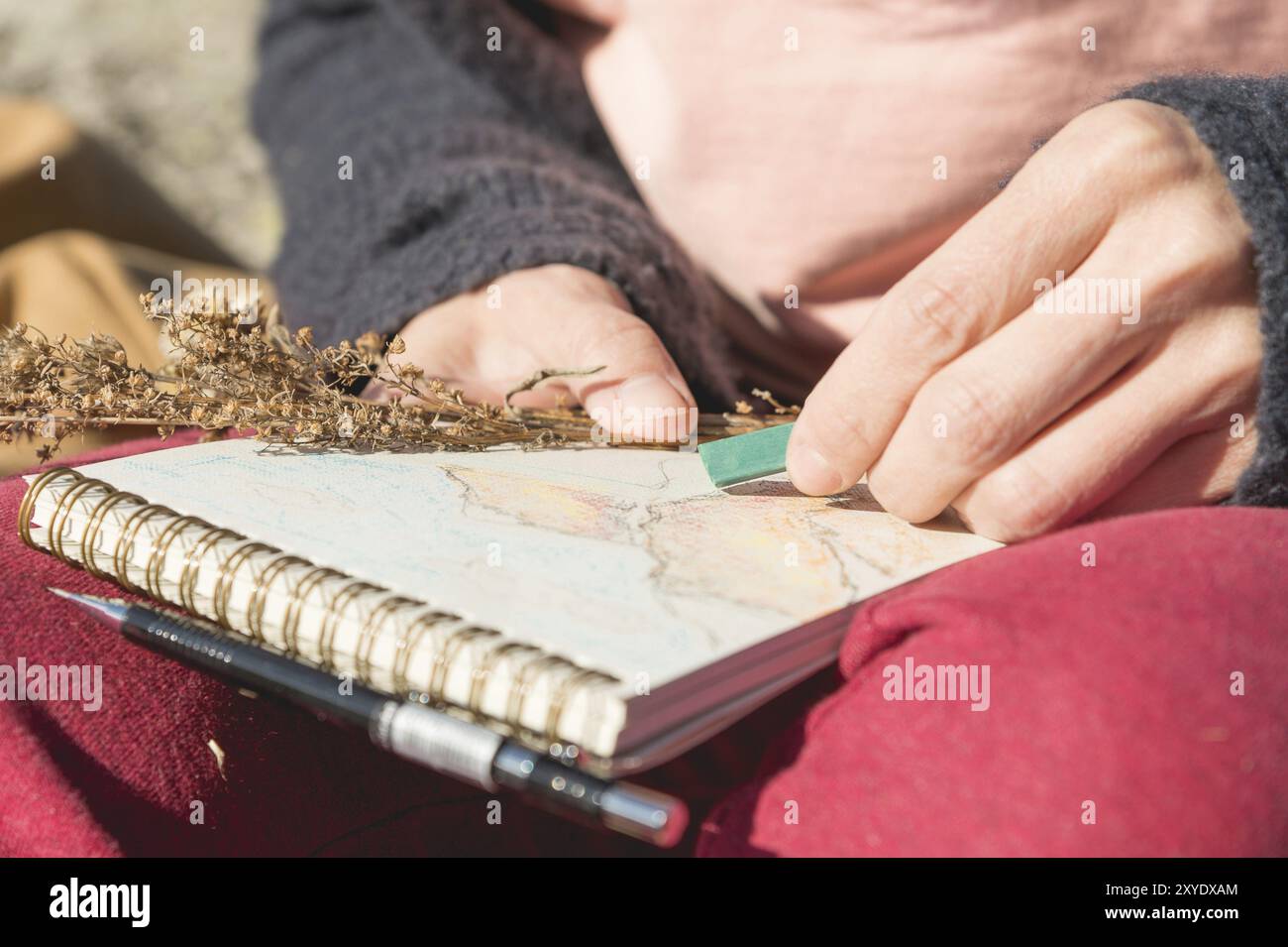 Nahaufnahme einer Hand Girl Artist malt in einem Notizbuch ein Pastell über die Natur in den Bergen. Freie Kreativität und Freiberufler Stockfoto