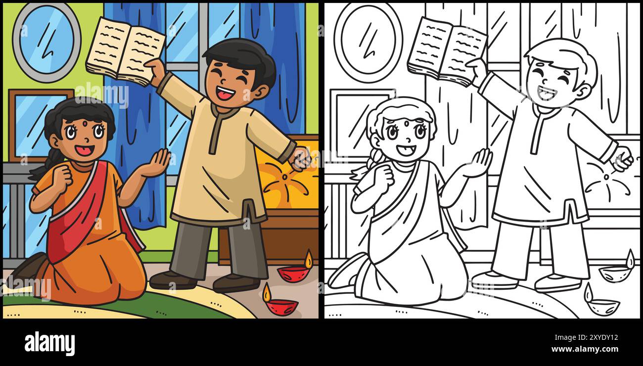 Diwali-Kinder Erzählen Geschichten Illustration Stock Vektor