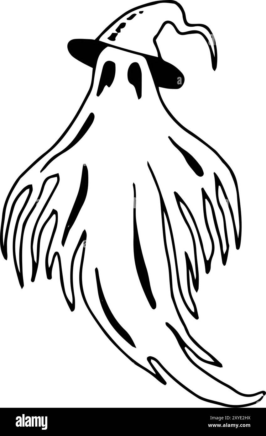 Gruseliger Geist im Hut. Halloween Grafik Illustration. Handgezeichnete Silhouette der isolierten Linie. Monochrome, gruselige Monster Clipart für Tattoo, Urlaub, Horror Stock Vektor