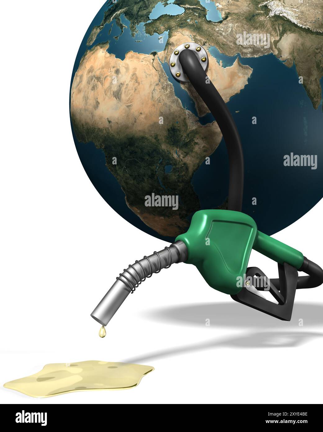Die letzten Tropfen Benzin kommen aus einer Tankstelle, die mit der Erde verbunden ist. Isolierte Abbildung auf weißem Hintergrund Stockfoto