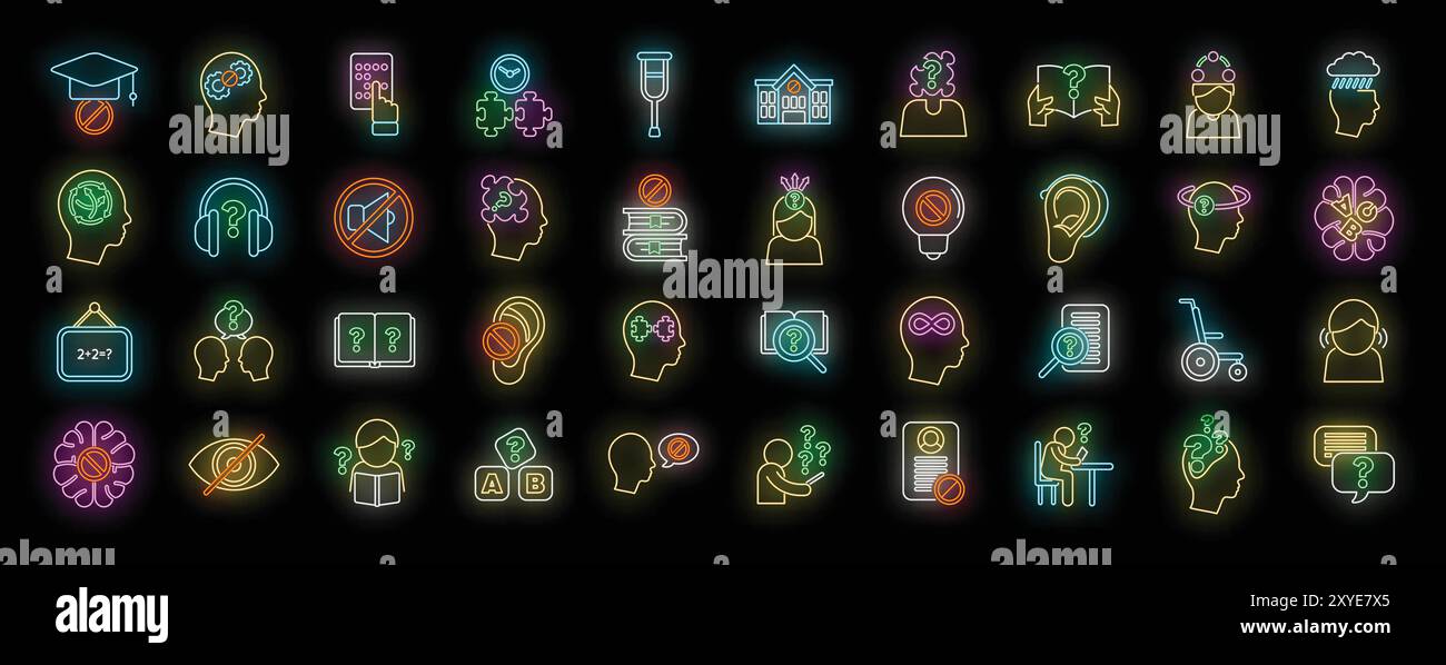 Sammlung leuchtender Neonsymbole, die Legasthenie darstellen und Menschen zeigen, die studieren, lesen und lernen Stock Vektor