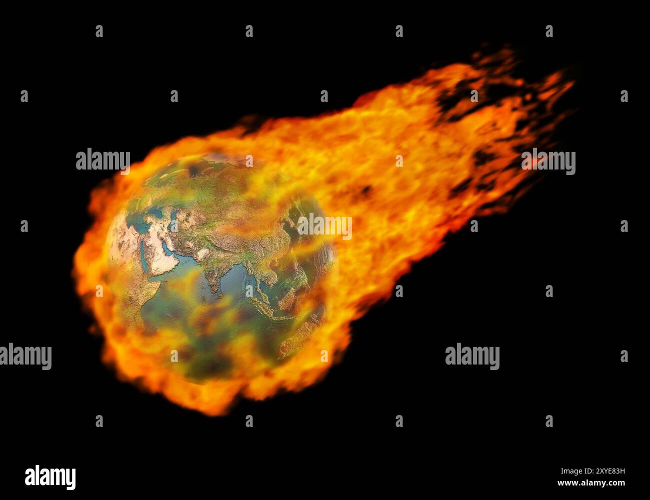 Illustration einer brennenden Erdkugel, die durch den Weltraum fliegt. Globale Erwärmung fossile Treibstoffe Treibhausgase Ökologie Umweltkonzept Isolat Stockfoto