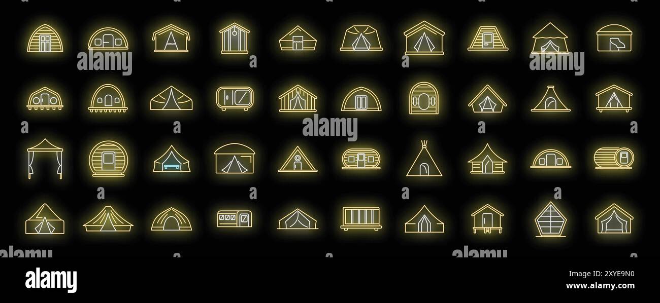 Leuchtende Neonsymbole, die verschiedene Zelte und Unterstände darstellen, ideal für die Illustration von Outdoor-Abenteuern, Reisebroschüren oder Camping-Websites Stock Vektor