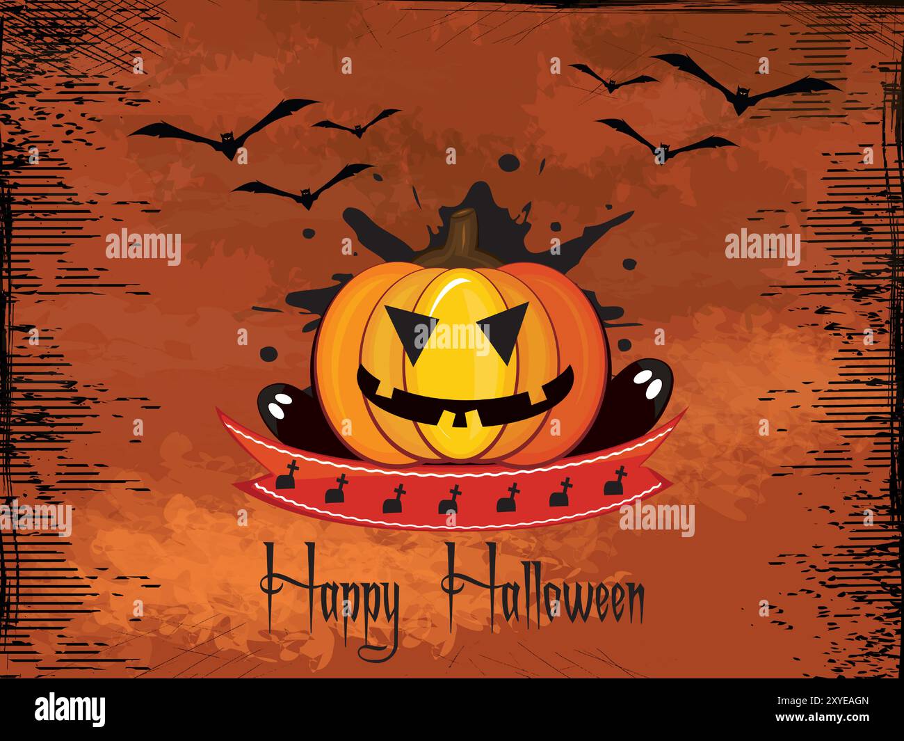 Ein Kürbis mit zwei Augen und einem Mund ist auf einem roten Band. Der Kürbis ist von einem Haufen Fledermäusen umgeben. Der Hintergrund ist orange und hat eine gruselige Atmosphäre. Stock Vektor
