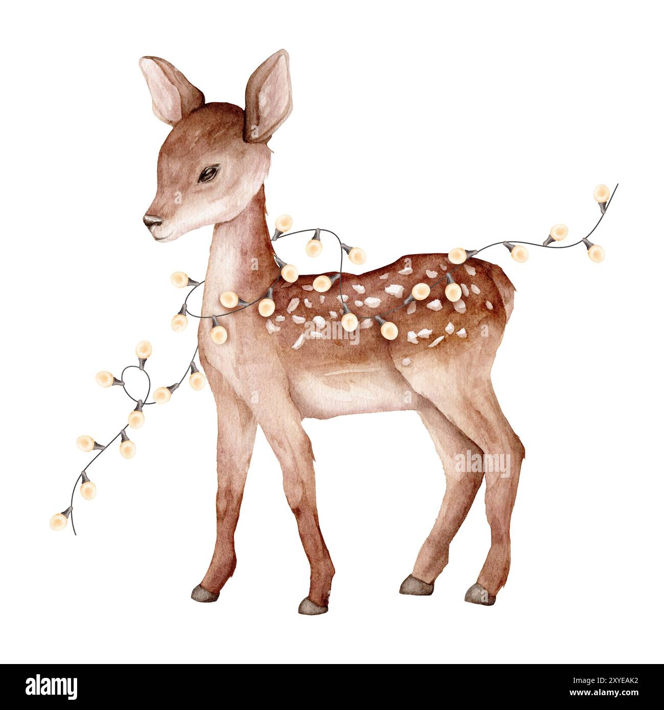Aquarellweihnachtliches Hirsch und Girlande aus warmen Zwiebeln. Gefleckte Hirsche isoliert auf weißem Hintergrund. Handgemalte Wildtiervorlage für Stoff Stockfoto