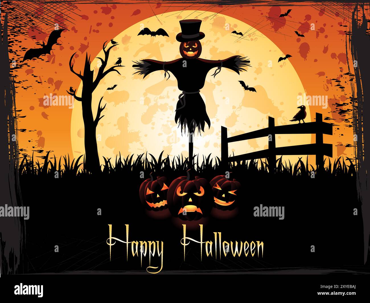 Eine Vogelscheuche steht auf einem Feld mit Kürbissen und Fledermäusen. Der Hintergrund ist mit einem Mond und einem Zaun versehen. Auf dem Poster steht "Happy Halloween" Stock Vektor