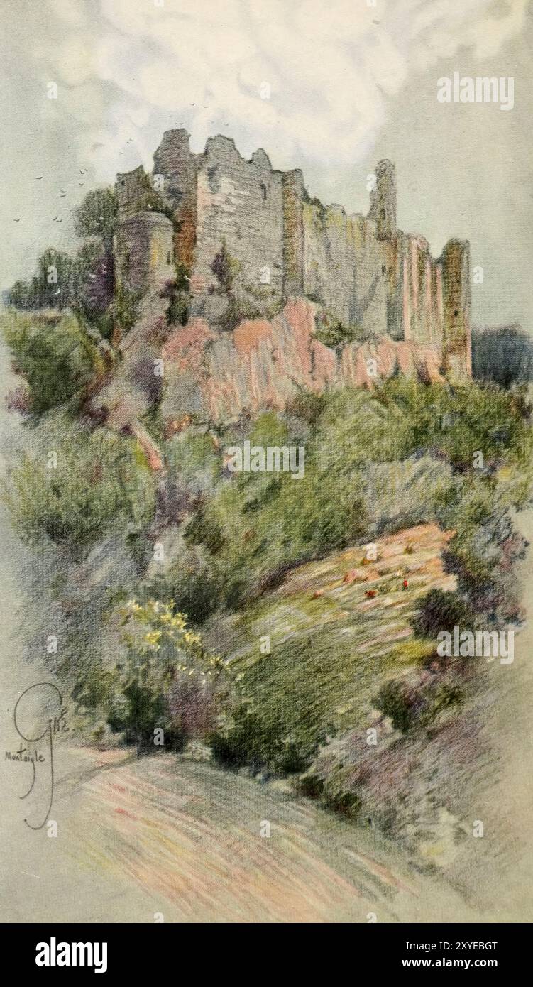 Die Ruinen von Montaigle der Wald von Arden gemalt von George Wharton Edwards (März 1859 – 18. Januar 1950) veröffentlicht 1904 Montaigle Castle (französisch Château de Montaigle) ist eine mittelalterliche Burgruine in Falaën in der Gemeinde Onhaye, Provinz Namur, Wallonien. Stockfoto