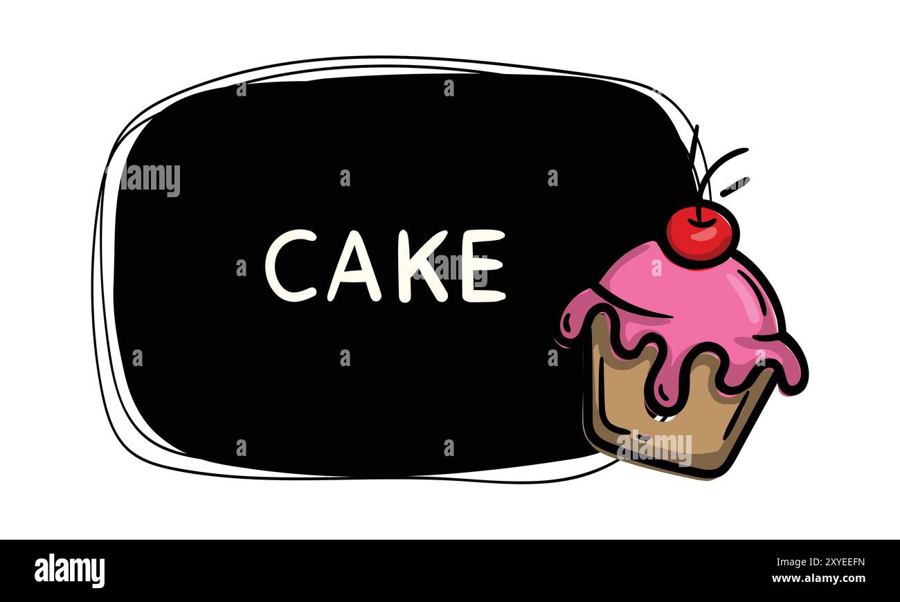 Einfaches schwarzes Etikett mit Kirschkuchen. Vektorvorlage für Preisschild, Etikett, Aufkleber. Menügestaltung für Café und Restaurant Stock Vektor
