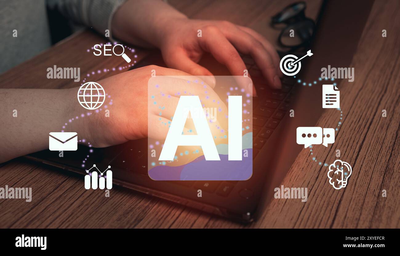 Geschäftsfrau, die mit künstlicher Intelligenz (KI) auf einem Laptop arbeitet. Predictive Analytics, Kundenservice, Chatbot, Analyse von Kundendaten, Geschäft und Technologie. Stockfoto