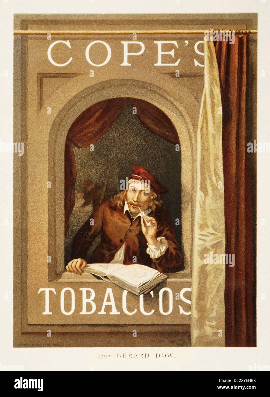 Alte Werbung - Cope's Tabak, nach Gerard Dow, Mann, der Pfeife raucht 1890 Stockfoto