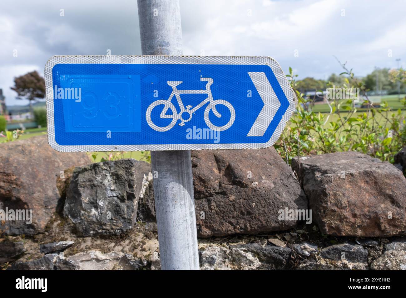 Blaues Hinweisschild mit Fahrradsymbol-Logo, das auf die angegebene Küstenradroute zeigt. Ballycastle, Großbritannien - 24. August 2024. Stockfoto