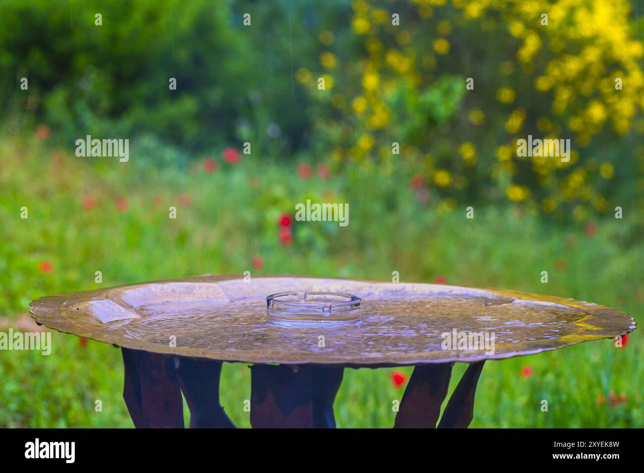 Tisch mit Kupferplatte im Garten Stockfoto