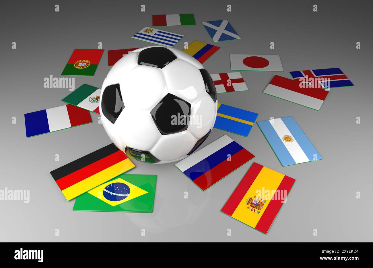 Soccer ball mit verschiedenen Fahnen, Fussball Wettbewerb, 3d renderring Stockfoto