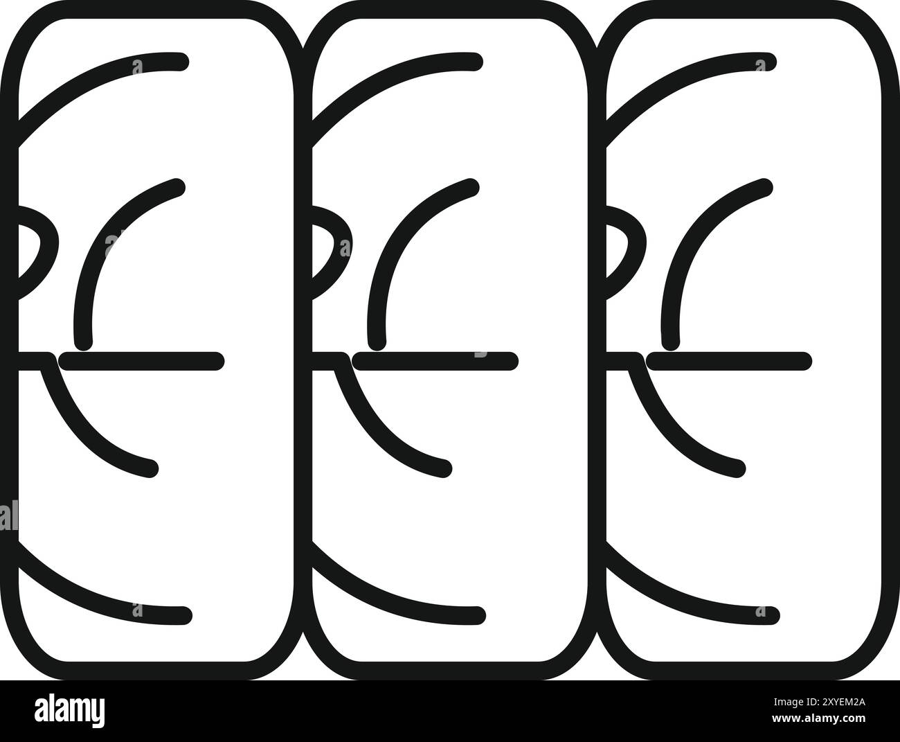 Strichgrafik-Symbol, das drei identische Autoreifen mit einem eindeutigen Profilmuster darstellt. Ideal für Konzepte im Zusammenhang mit Fahrzeugwartung, Sommerfahrten oder Reifenwechsel Stock Vektor