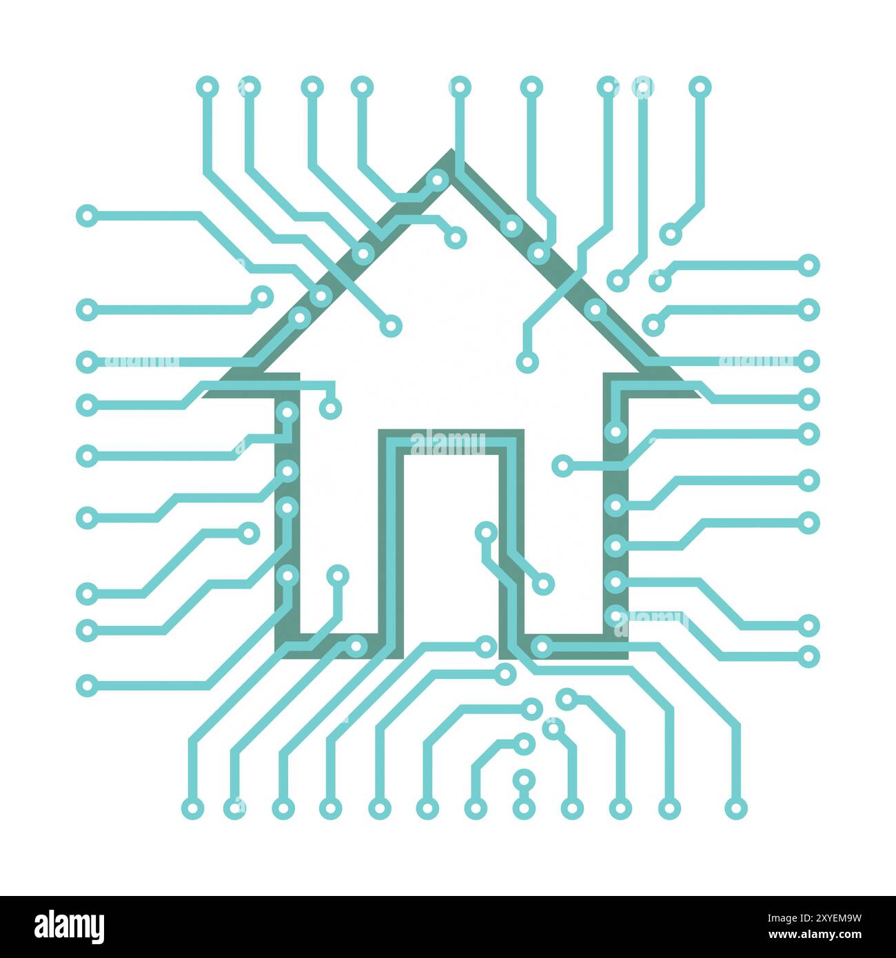 Konzeptionelle Darstellung von Leiterplattenschaltungen mit einem Häusensymbol auf weißem Hintergrund. Die Vektordarstellung ist auf der Registerkarte Re verfügbar Stockfoto
