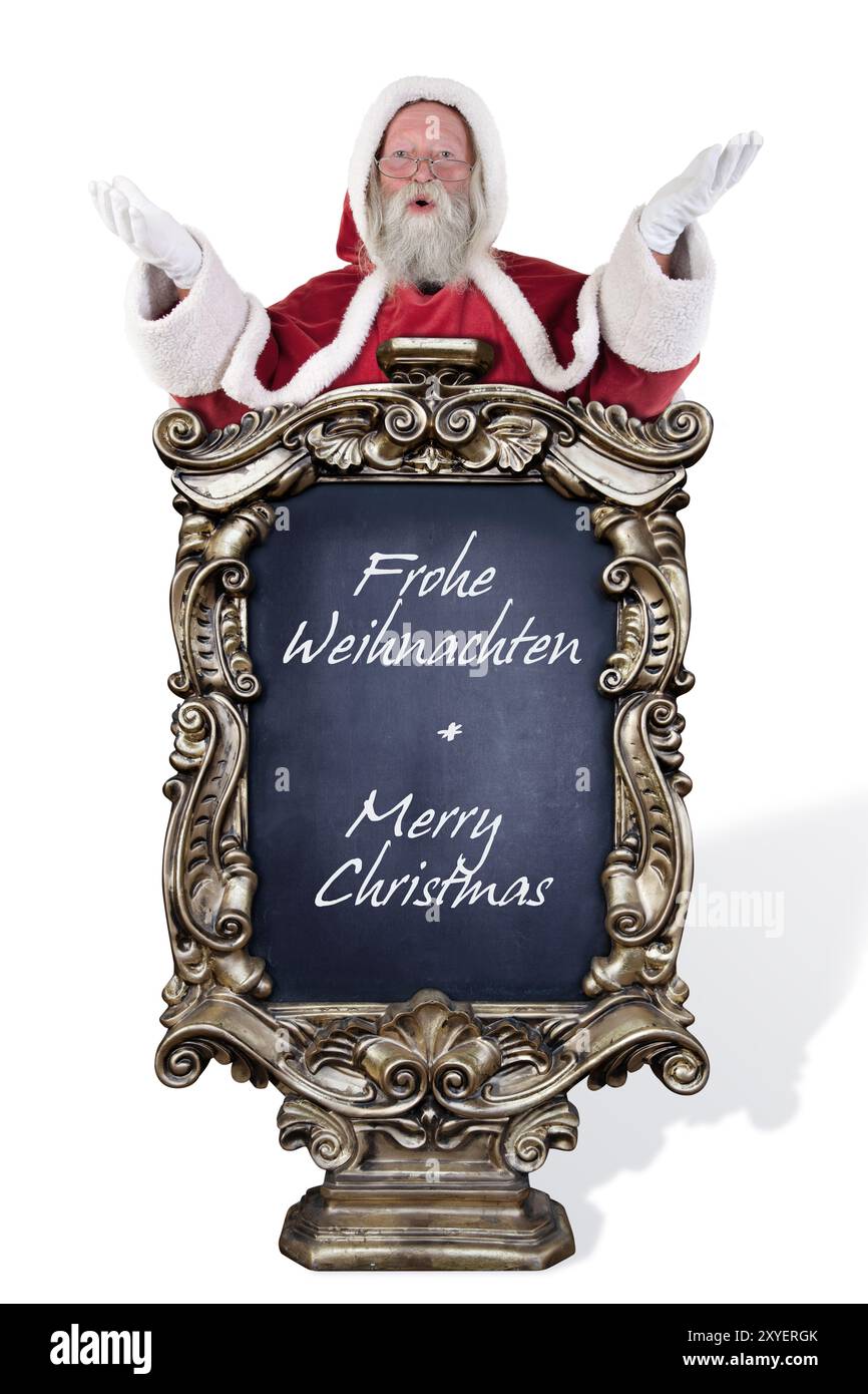 Vater Weihnachten kündigt frohe Weihnachten an Stockfoto