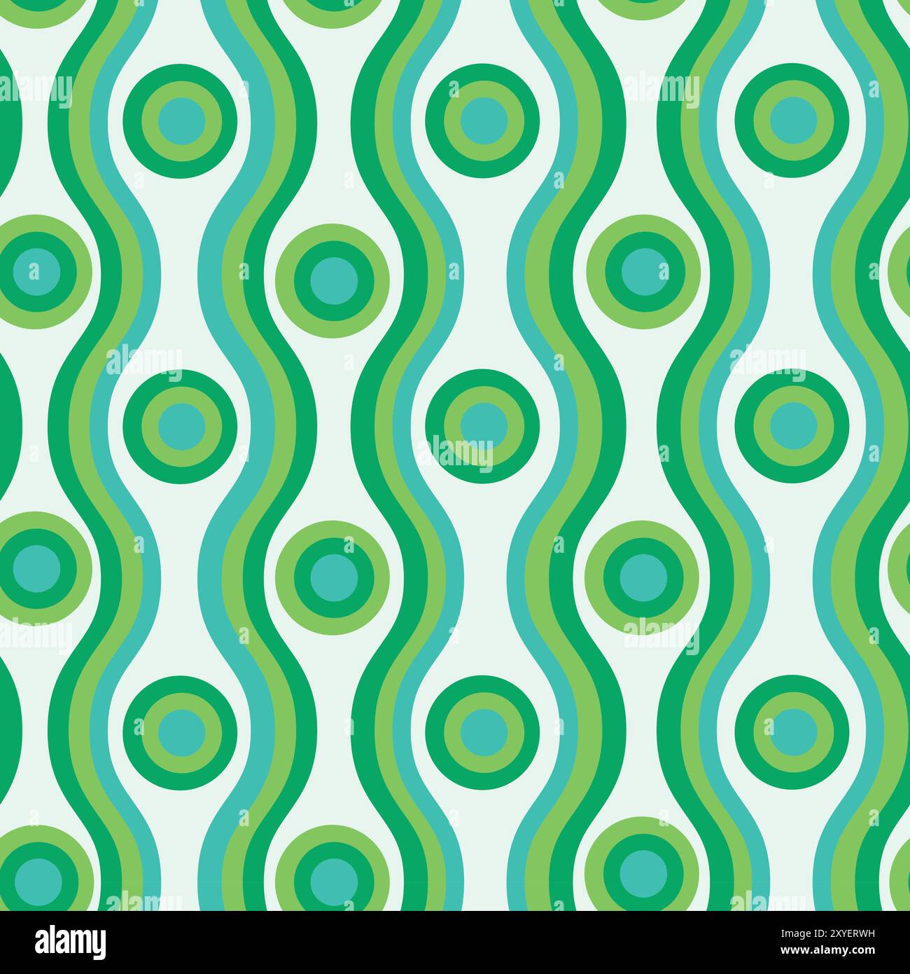Geometrische Retro-Kreise auf ovalem Ogäe aus den 70er Jahren Formen ein nahtloses Muster in Limettengrün, Mintgrün und Petrol. Für Tapeten, Stoffe und Textilien Stock Vektor