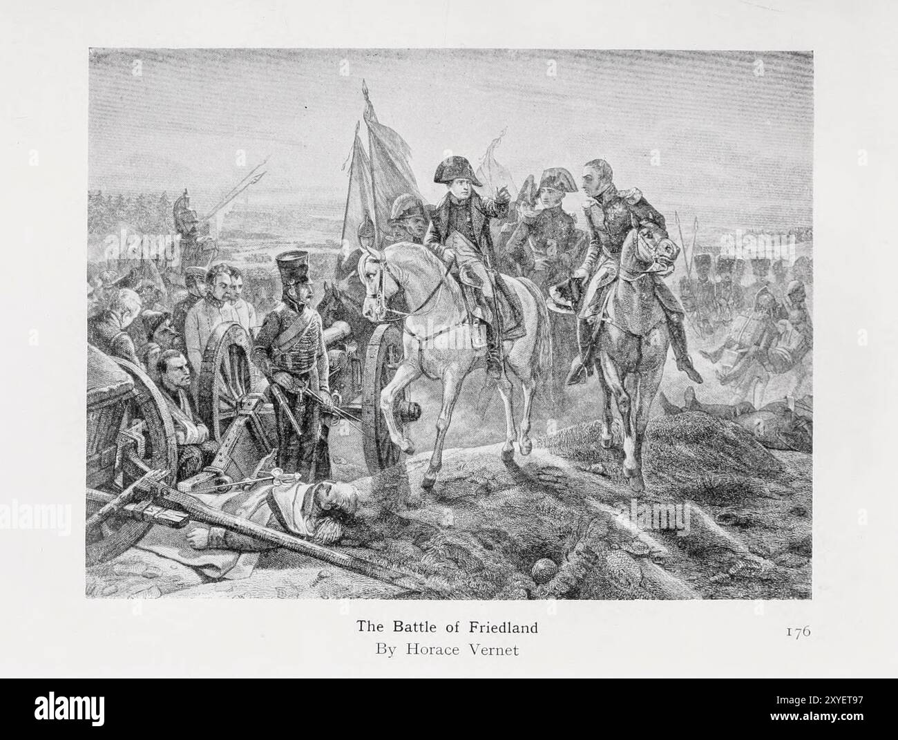 Die Schlacht von Friedland von Horace Vernet Napoleon Bonaparte (* 15. August 1769–5. Mai 1821 in Napoleone di Buonaparte), später unter seinem regierenden Namen Napoleon I. bekannt, war ein französischer Offizier und Staatsmann, der während der Französischen Revolution in den Jahren 1796 bis 1815 eine Reihe erfolgreicher Feldzüge in ganz Europa führte. Von 1799 bis 1804 war er Führer der Französischen Republik als erster Konsul, von 1804 bis 1814 des Französischen Reiches als Kaiser der Franzosen und von 1815 kurzzeitig erneut. Stockfoto