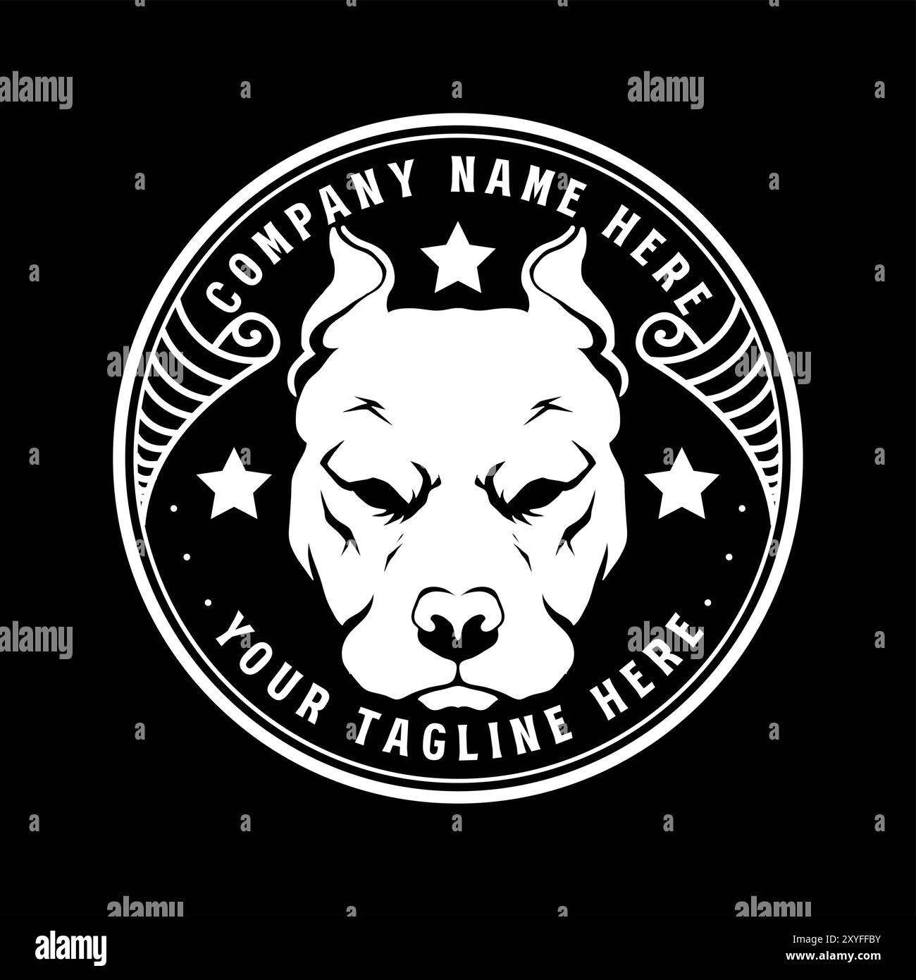 Vintage Sniffer Doberman oder Pit Bull Hund Kopf Gesicht Abzeichen Emblem Label Design Vektor Stock Vektor