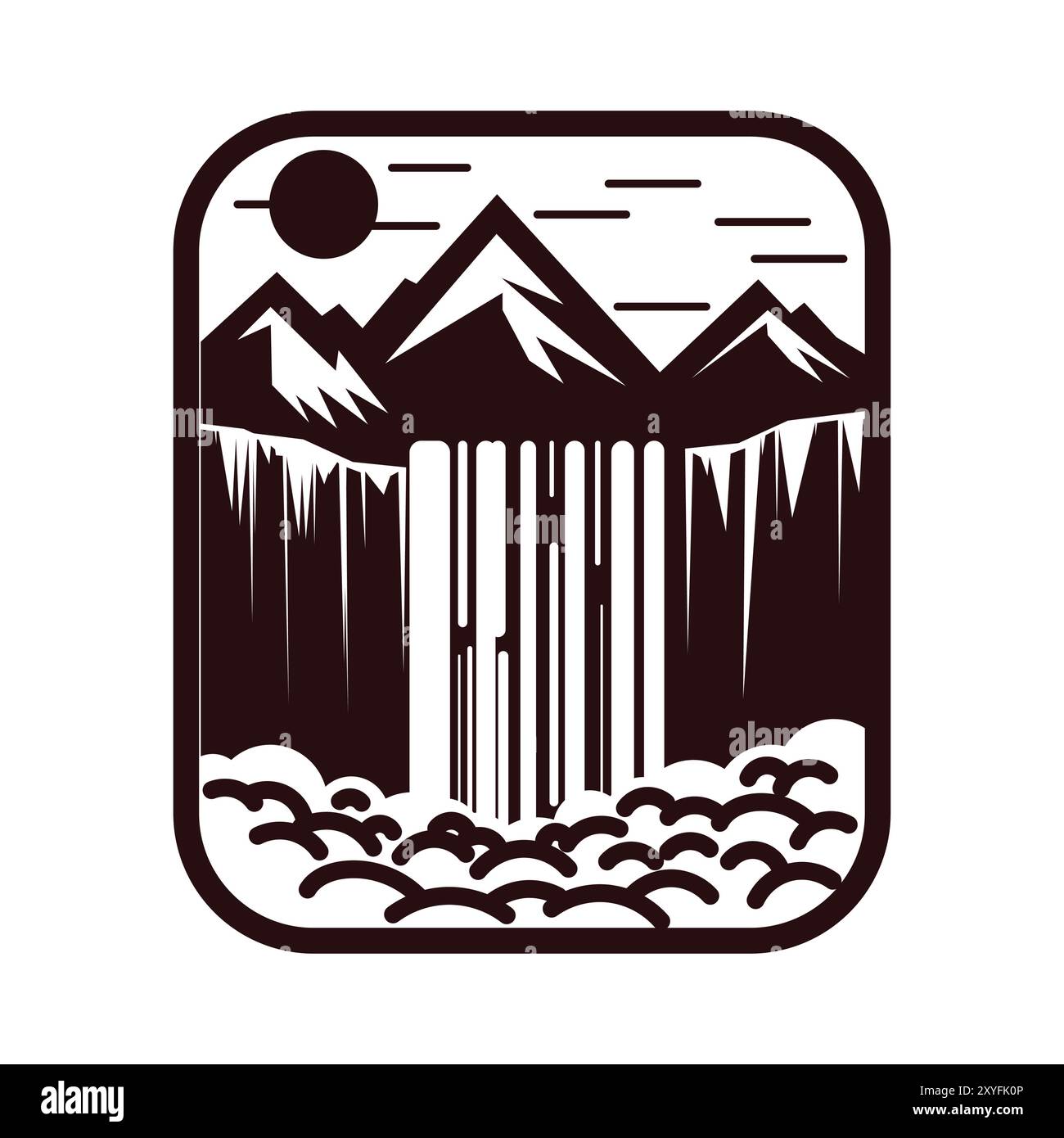 Rechteckiger Vintage Retro Mountain Wasserfall für Abenteuer Illustration Design Stock Vektor