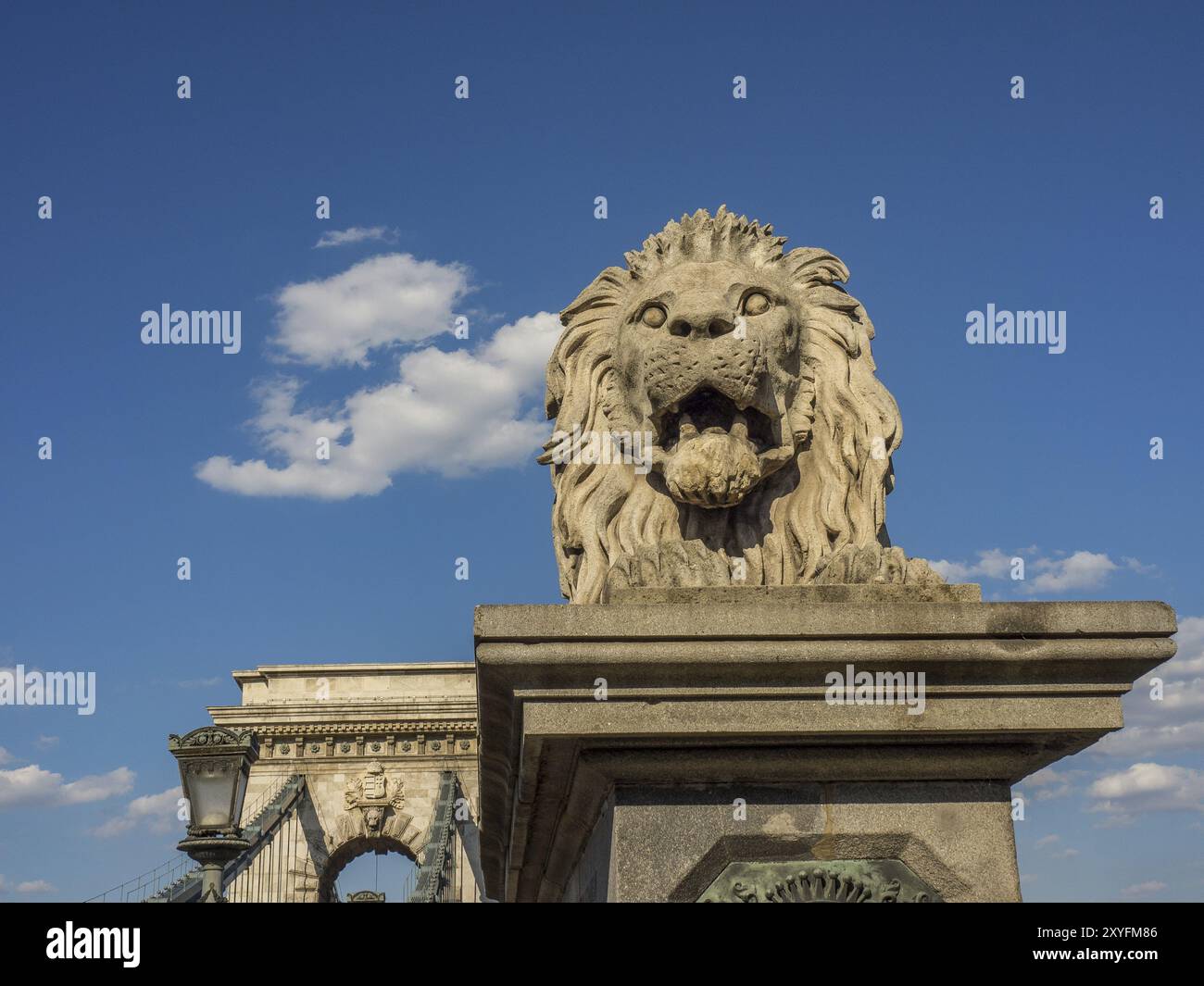 Detaillierte Nahaufnahme einer Löwenstatue vor einer Brücke und blauem Himmel in Budapest, budapest, donau, ungarn Stockfoto