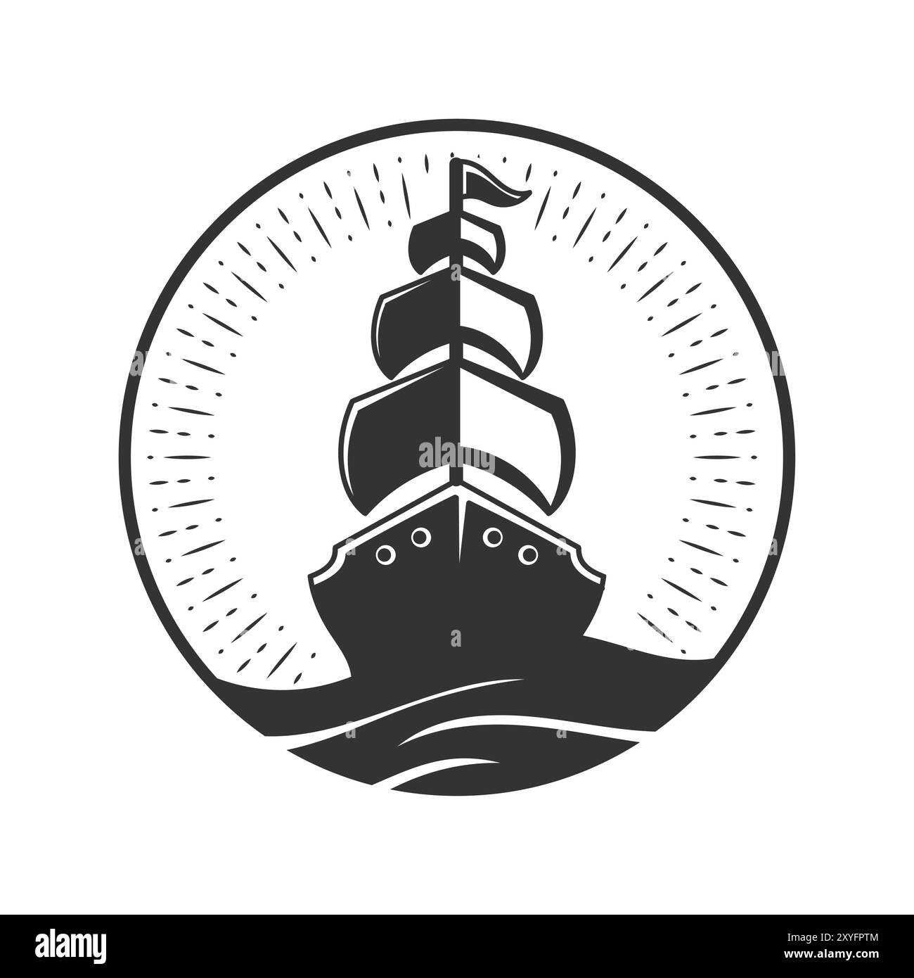Vintage Retro Circular Sun Ocean Wave mit Dhow Schiff oder Segelboot für nautische Illustration Stock Vektor