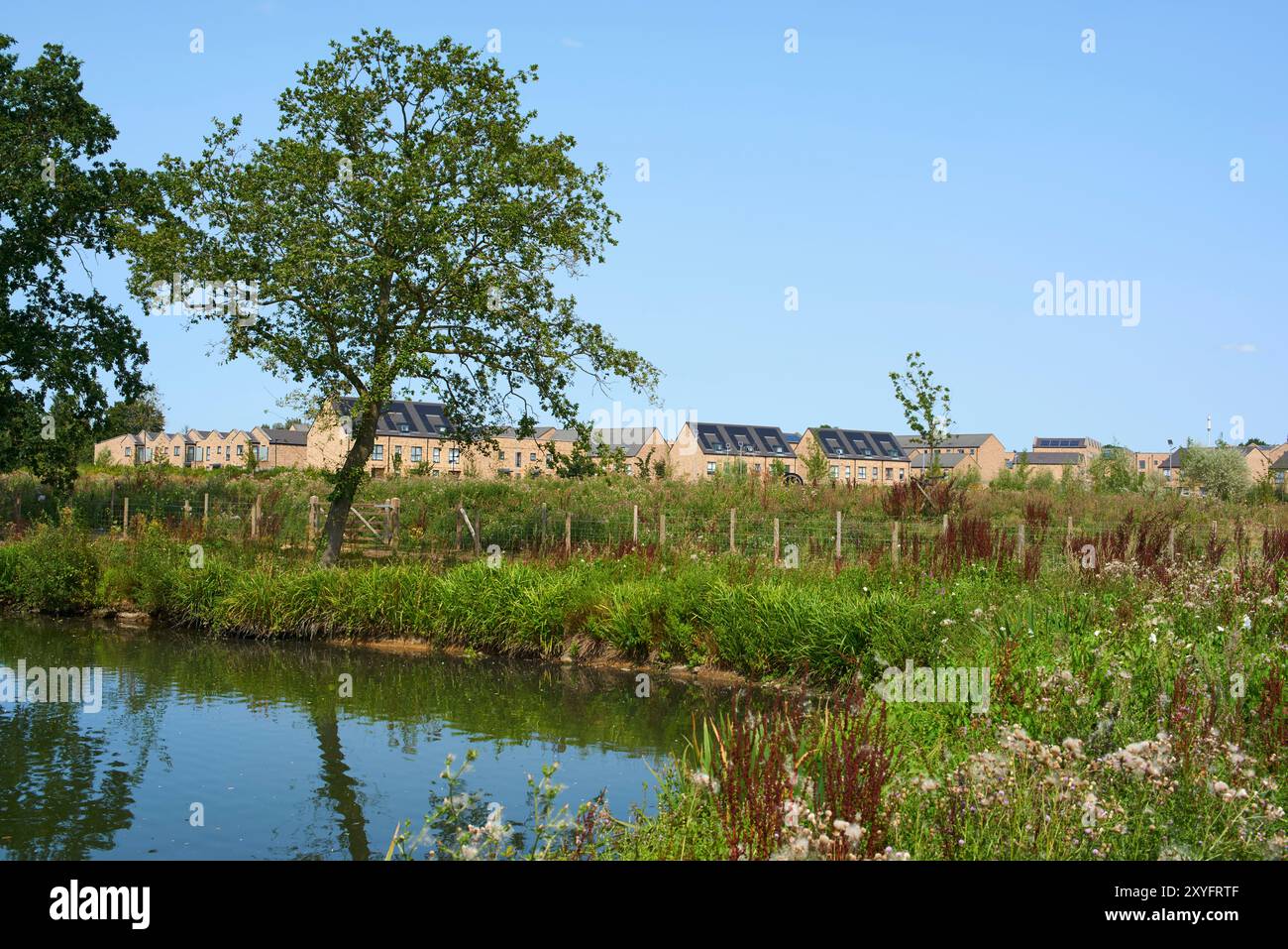 Der Graben in Headstone Manor, Harrow, Greater London UK, mit neuen Wohnungen im Hintergrund Stockfoto