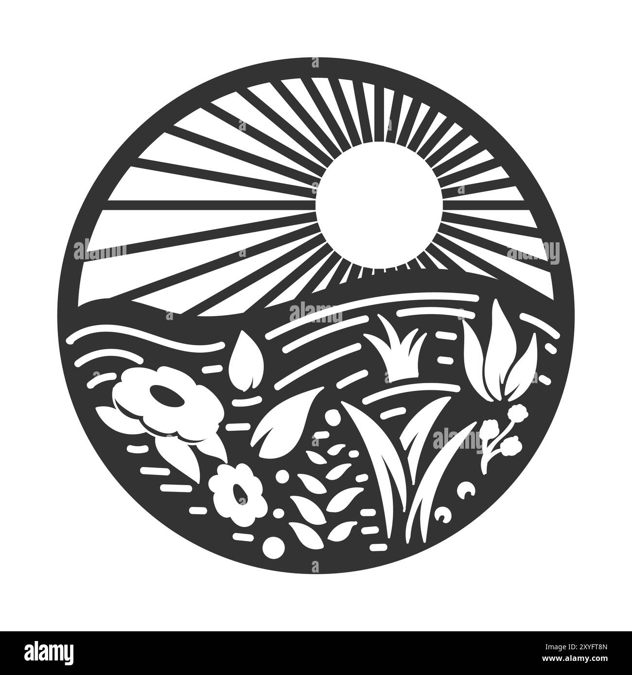 Sonnenuntergang Sonnenaufgang mit Garten Farm Land Emblem Aufkleber Illustration Stock Vektor