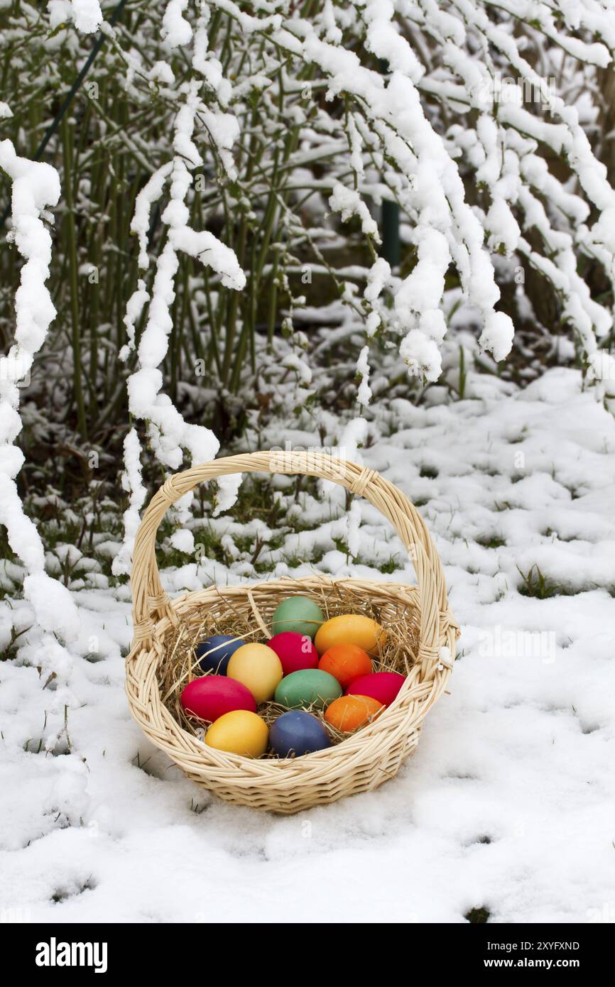 Korb mit bunten Ostereiern im Schnee Stockfoto